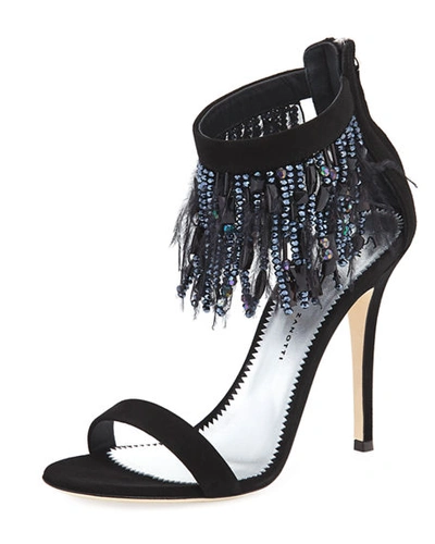 Giuseppe Zanotti Suede Sandal With Fringe Feather Detail