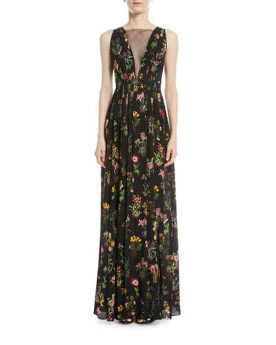 N°21 Floral-print Sheer-panel Silk Maxi Dress In Multi