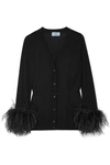 Prada V-neck Feather-embellished Wool Cardigan In Black