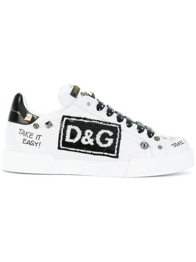 Dolce & Gabbana 30mm Sequined & Studded Leather Sneakers In White
