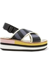 MARNI LEATHER-TRIMMED WOVEN CANVAS PLATFORM SLINGBACK SANDALS