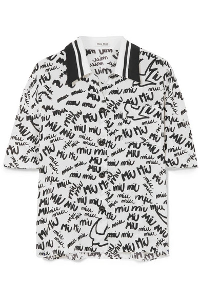 Miu Miu White Silk Polo Shirt With Black Monogram In White-black
