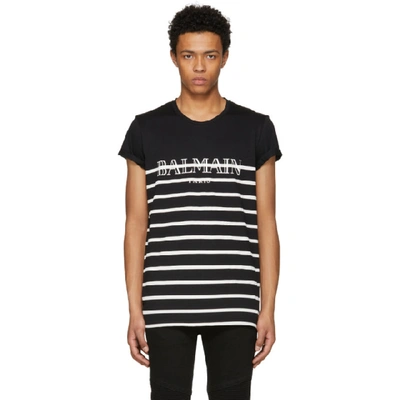 Balmain Logo Print Striped Cotton Jersey T-shirt In Black-white