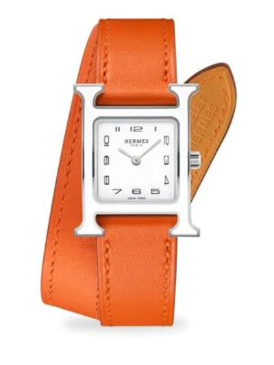 Hermès Watches Heure H 21mm Lacquered Stainless Steel & Leather Strap Watch In Silver Orange
