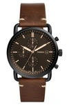 Fossil Men's Chronograph Commuter Brown Leather Strap Watch 42mm In Brown/ Black