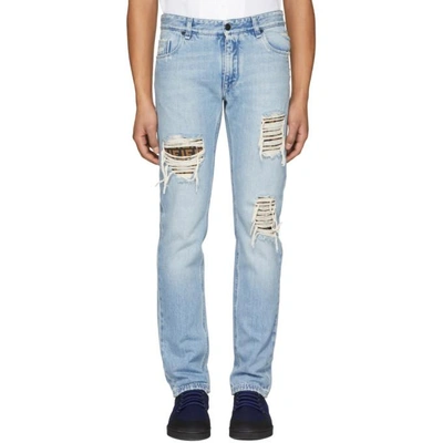 Fendi Men's Logo Underlay Distressed Skinny-fit Jeans In Blue