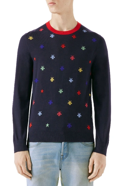 Gucci Bee Embroidered Wool Crewneck Sweater In Ink-live Red-multi