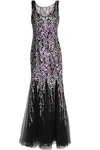 BADGLEY MISCHKA FLUTED FLORAL-EMBROIDERED TULLE GOWN,3074457345618505336