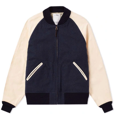 Visvim Leather-panelled Wool And Linen-blend Bomber Jacket In Blue