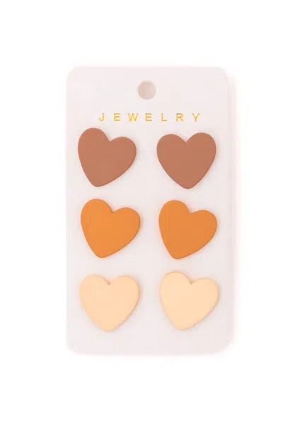 123 Amore Triple Hearts Studs Earrings In Brown In Gold