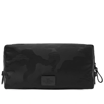 Valentino Garavani Leather-trimmed Camouflage-jacquard Shell Wash Bag In Black