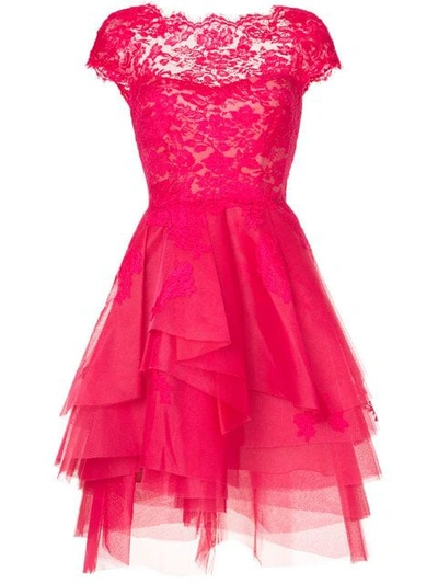Monique Lhuillier Lace-embroidered Flared Dress In Pink