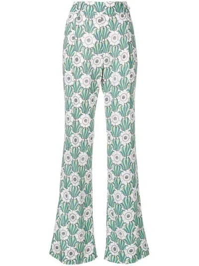 Prada Floral Print Flared Trousers In Green