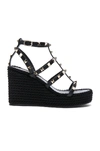 Valentino Rockstud Ankle Strap Wedge Sandal In Calfskin Leather 95 Mm In Black