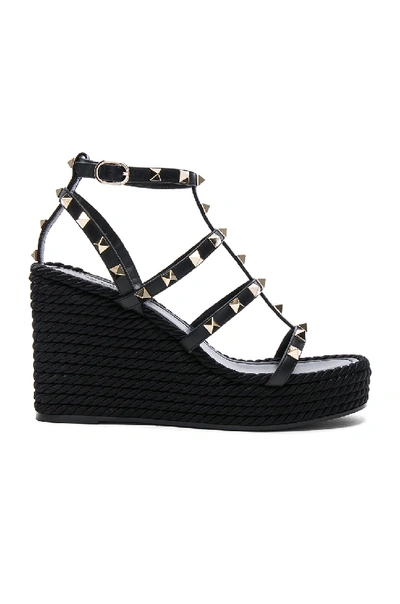 Valentino Garavani Rockstud Metallic Leather Wedge Espadrilles In Black