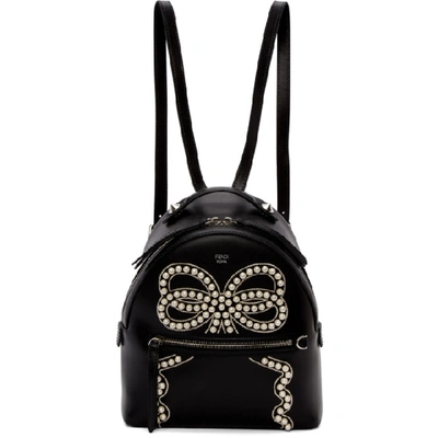Fendi Mini Imitation Pearl Bow Leather Backpack - Black