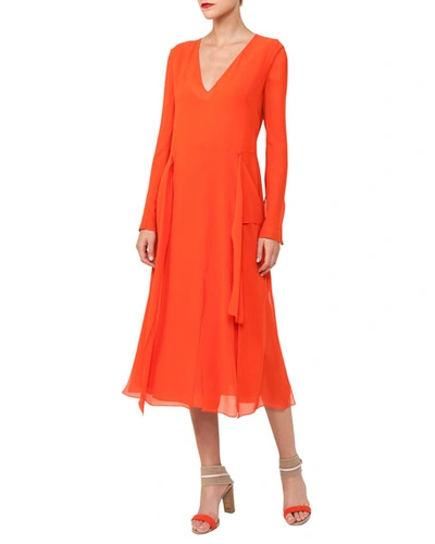 Akris Long-sleeve V-neck Silk Carwash Dress In Orange