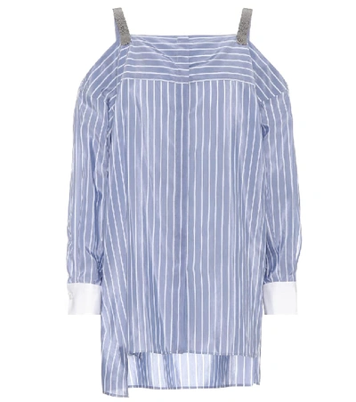 Brunello Cucinelli Off-the-shoulder Striped Long-sleeve Tunic With Monili Straps In Blue