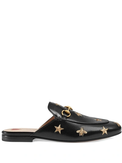 Gucci Princetown Horsebit-detailed Embroidered Leather Slippers In Black