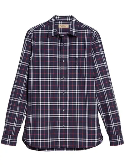Burberry Embroidered Detail Check Cotton Shirt In Navy