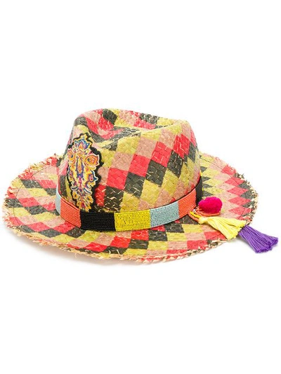 Etro Checked Straw Hat W/ Beaded Hatband In Multicolor