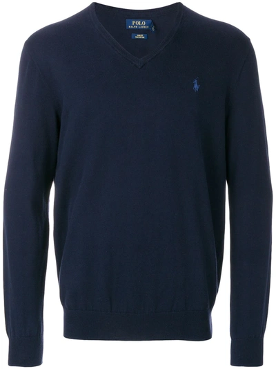 Polo Ralph Lauren Mens Blue Combed Wool V-neck Sweater