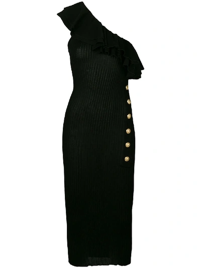 Balmain Ruffled One-shoulder Ribbed-knit Midi Dress In Black