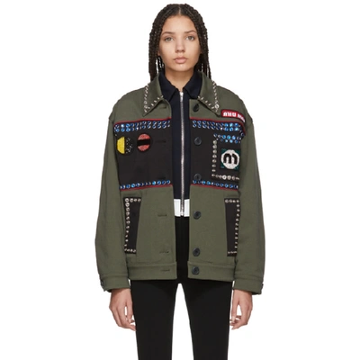 Miu Miu Bead And Crystal-embellished Cotton-blend Jacket In Green