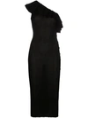 Balmain Ruffled One-shoulder Ribbed-knit Midi Dress In Black