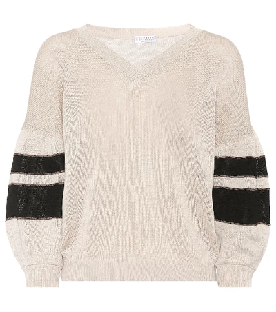 Brunello Cucinelli Beaded Striped Cotton Sweater In Beige