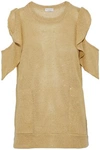 BRUNELLO CUCINELLI WOMAN SEQUINED RUFFLED COLD-SHOULDER LINEN AND SILK-BLEND KNITTED TOP SAND,AU 7789028784201812