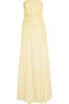 HALSTON HERITAGE WOMAN BELTED SEQUINED CHIFFON GOWN PASTEL YELLOW,US 1071994537692366