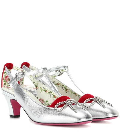 Gucci Silver Anita 55 Velvet And Leather Pumps In Metallic