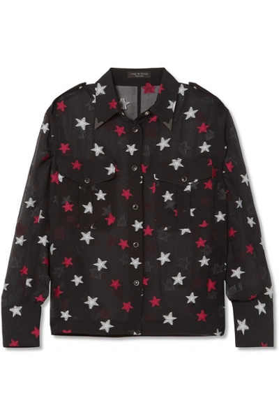 Rag & Bone Pearson Button-down Star-print Sheer Silk Shirt In Black
