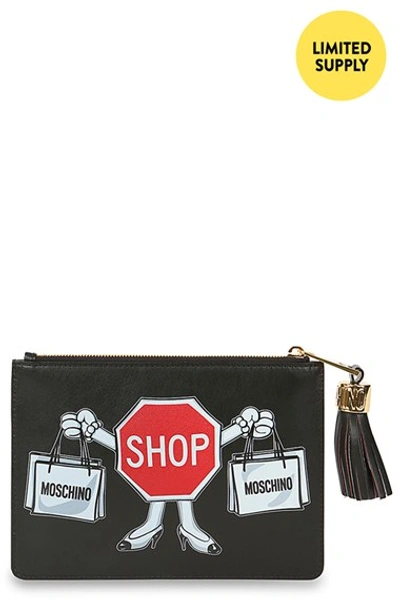 Moschino Shop Sign Leather Pouch, Black In Nero