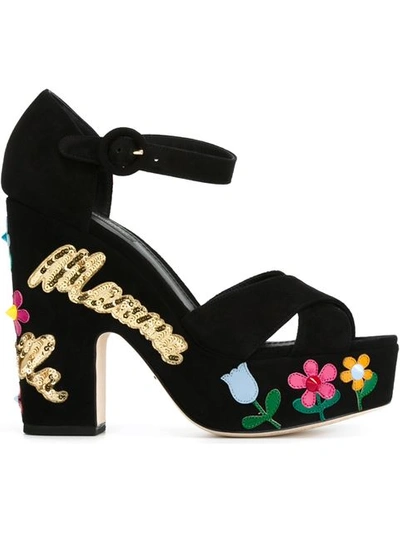 Dolce & Gabbana 130mm Bianca Mamma Bella Suede Sandals, Black In Black Multi