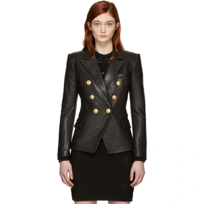 Balmain Double-breasted Leather Blazer In Black