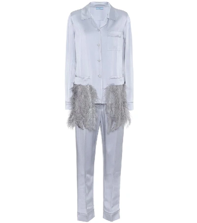 Prada Button-down Satin Pyjama Set W/ Feathers, Grey In Opaline (grey)
