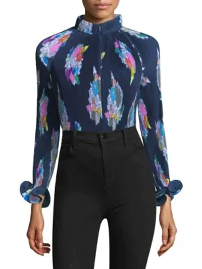 Tibi Navy Multi Pleated Camellia Cropped Top