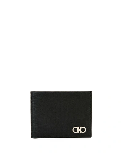 FERRAGAMO MEN'S REVIVAL GANCINI BI-FOLD LEATHER WALLET, BLACK/RED,PROD131470077