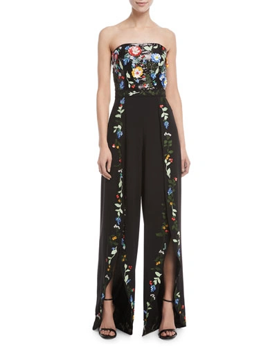 Alice And Olivia Jeri Strapless Wide-leg Embellished Sequin Tulip-hem Jumpsuit In Black Pattern