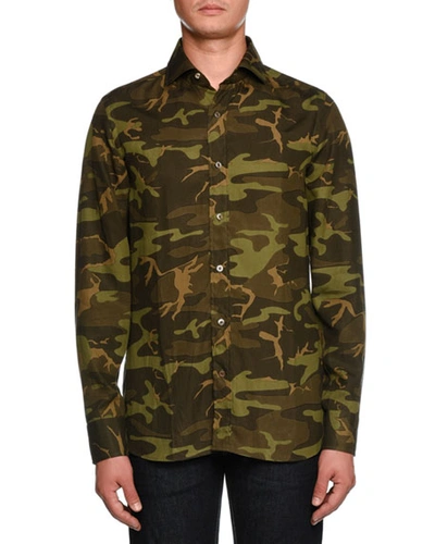 Tom Ford Camouflage-print Sport Shirt, Dark Green