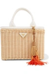 PRADA MIDOLLINO TASSELED CANVAS AND LEATHER-TRIMMED WICKER TOTE