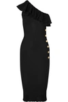 BALMAIN RUFFLED ONE-SHOULDER RIBBED-KNIT MIDI DRESS