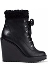 SCHUTZ WOMAN FAUX FUR-TRIMMED LEATHER WEDGE ANKLE BOOTS BLACK,AU 4772211934094057