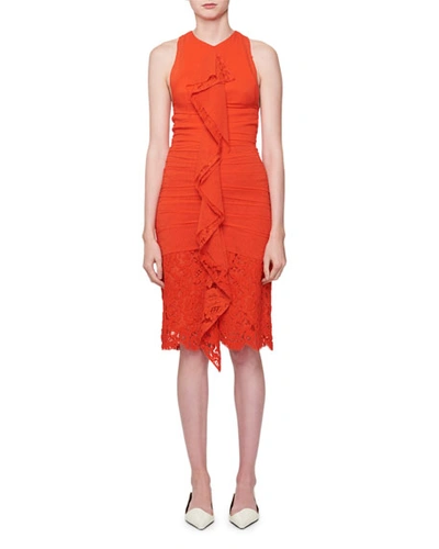 Proenza Schouler Sleeveless Ruched Georgette Dress With Lace In Bright Orange
