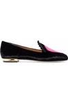 CHARLOTTE OLYMPIA CHARLOTTE OLYMPIA WOMAN EMBELLISHED EMBROIDERED VELVET SLIPPERS BLACK,3074457345618478722