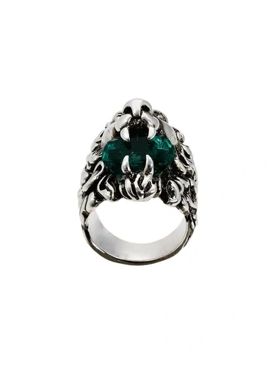 Gucci Lion Head & Swarovski Ring, Silver/green In Green Crystal