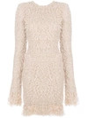 Balmain Long-sleeve Fitted Knit Cocktail Dress With Fringe In Pink