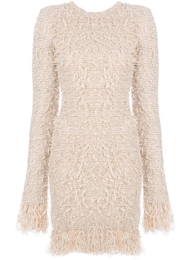 Balmain Long-sleeve Fitted Knit Cocktail Dress With Fringe In Pink